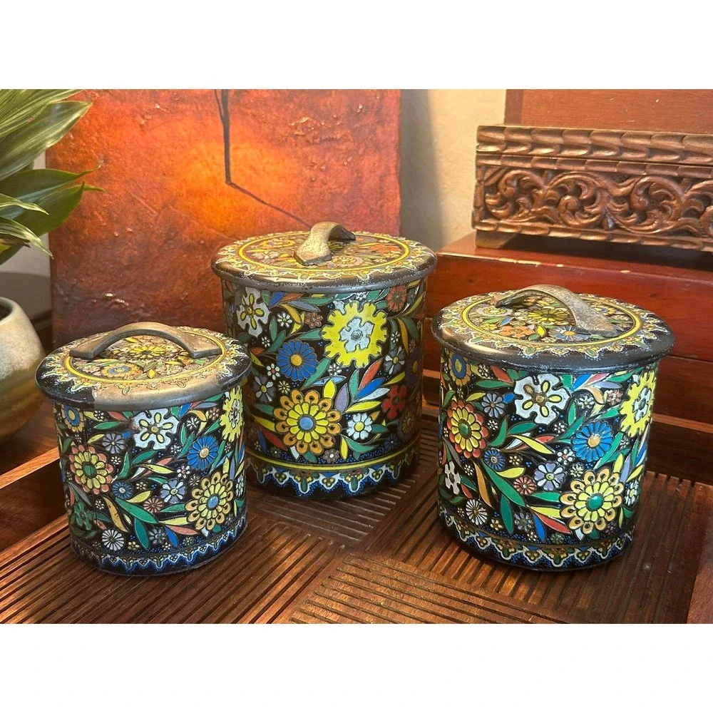 Vintage Daher Floral Metal Canisters Set of 3 Made in Holland Mid Century Tins